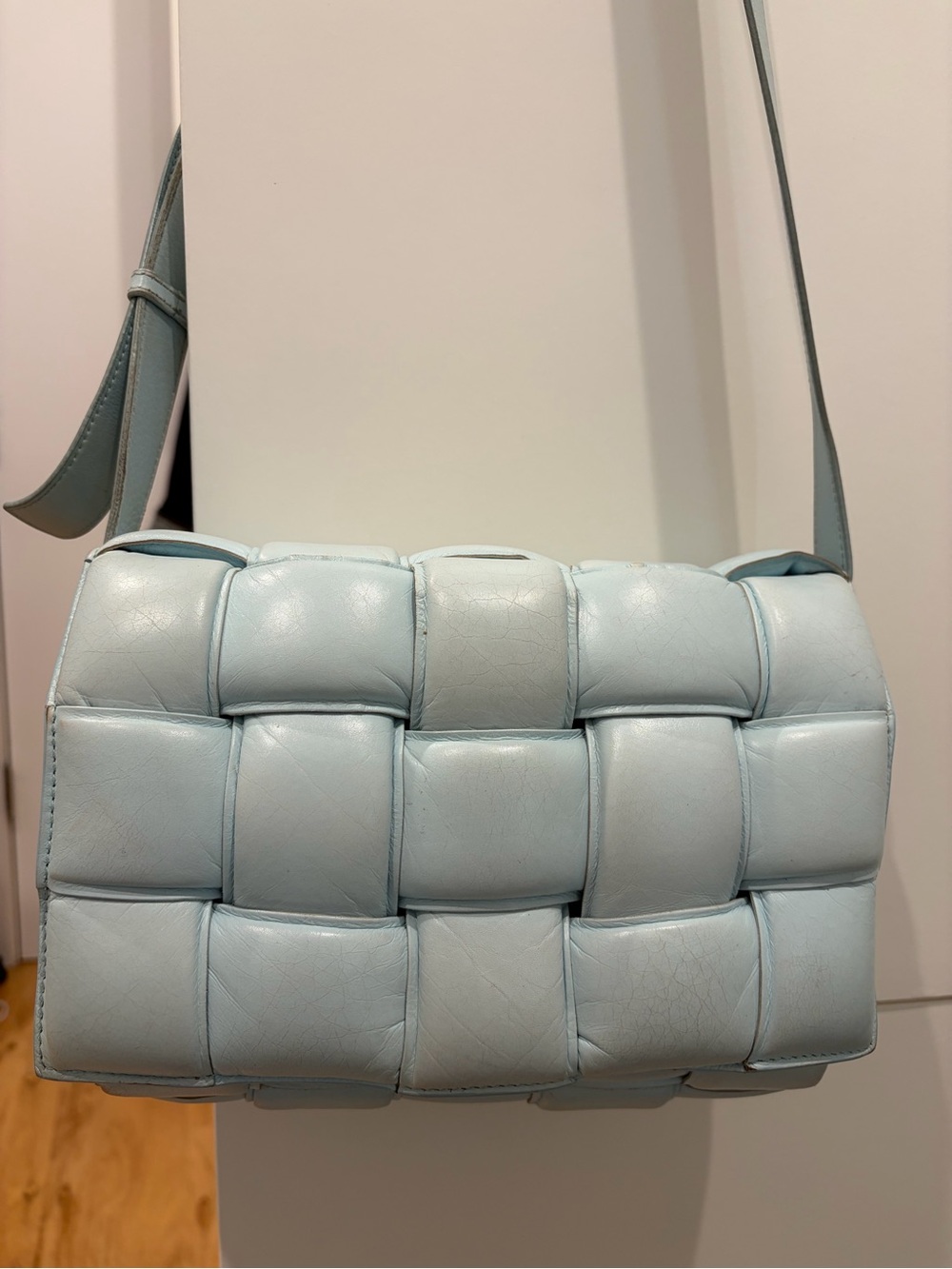 Bottega Veneta Light Blue Padded Cassette Intrecciato Shoulder Bag